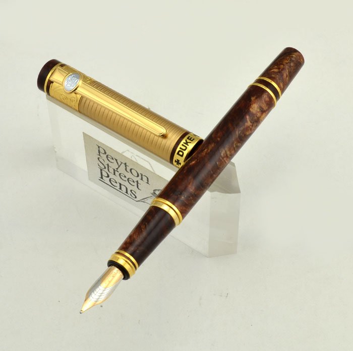 Duke Gold Medal Fountain Pen Matte Gold Cap, Brown Italian Resin, 14k